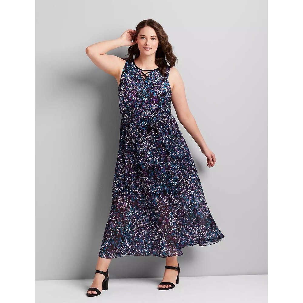 Lane Bryant Size 16 Floral Dot Printed Mixed-Media Maxi Dress Modest Office Work